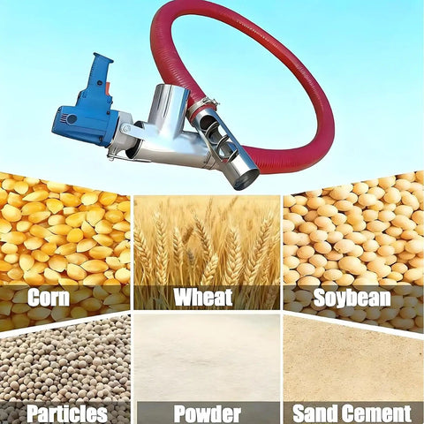 Automatic Screw Feeder And Grain Auger Conveyor for heavy-duty powder and sand transport, 1500W industrial device with hose and grains.