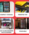 Four images showing Stacking Desk Top 3 Drawer Storage Organizer, 2 Pack in different settings for compact storage and organization.