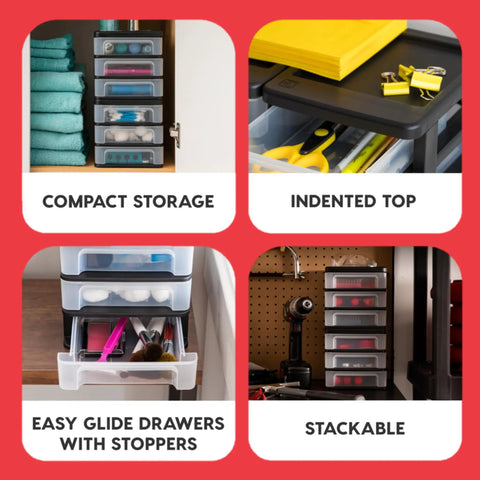 Four images showing Stacking Desk Top 3 Drawer Storage Organizer, 2 Pack in different settings for compact storage and organization.