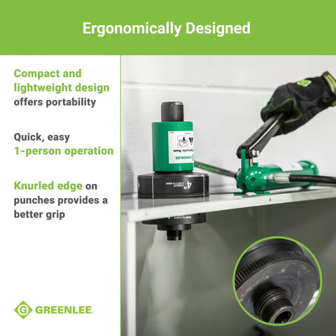 11 Ton Hydraulic Knockout Punch Kit With Hand Pump And Ram in use on panel highlighting ergonomic design and compact portability