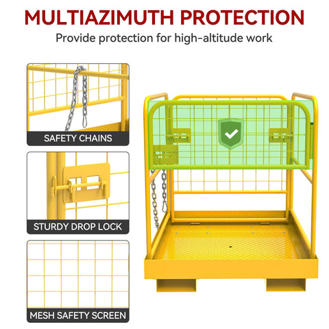 YITAMOTOR 36x36 forklift safety cage, installed yellow heavy-duty mesh lift basket with safety chains and drop lock