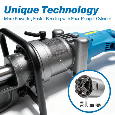 Crafthydro 1600W Electric Hydraulic Rebar Bender Tool with four-plunger cylinder design for efficient steel rod bending.