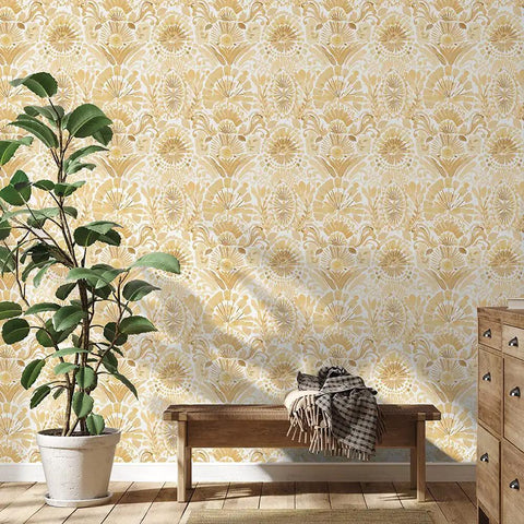 Room with Yellow Boho Bohemia Damask Easy Peel And Stick Wallpaper Removable Self Adhesive Watercolor Design Repositionable on wall