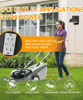 Two Pack Dusk To Dawn Outdoor Porch Light With Built In GFCI Outlet in use powering lawn mower, woman mowing lawn