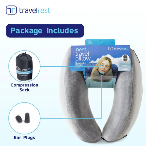 Package includes Nest Neck Support Pillow For Travel Memory Foam Travel Pillow For Long Flights with compression sack and ear plugs.