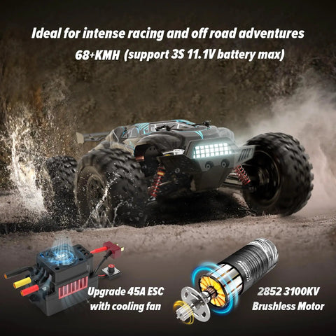 Off Road 1 To 10 Scale RC Car Reaches 68 Km Per Hour Fast Brushless Electric RTR Monster Truck racing on muddy terrain