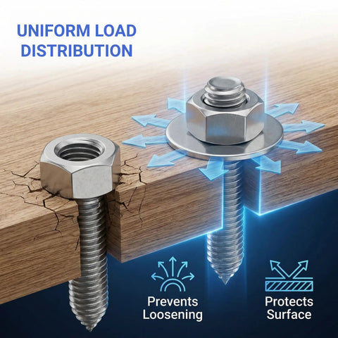 Top Notch 55 Piece 7/16 Inch Flat Washers Made From Gnarly 18-8 Stainless Steel for uniform load distribution on wooden surfaces.