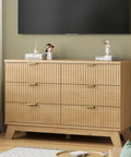 Fluted Dresser for Bedroom With Six Drawers and Totally Modern Oak Finish 48 Inch Wide Wooden Dresser TV Stand With Metal Handle