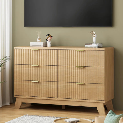 Fluted Dresser for Bedroom With Six Drawers and Totally Modern Oak Finish 48 Inch Wide Wooden Dresser TV Stand With Metal Handle