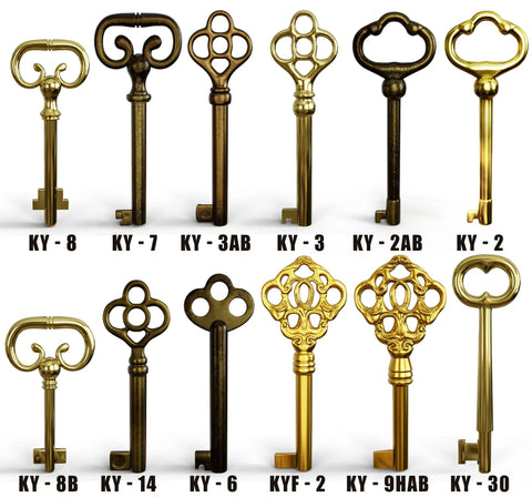 Skeleton Key Set Reproduction For Antique Furniture Cabinet Doors And Dresser Drawers Vintage Lock Keys 12 Piece Classic Barrel And Bit Keys For Old School Furniture with assorted designs.