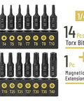 Heavy Duty 15 Piece Torx Bit Set T4 Through T40 Tamper Proof Security Star Bits 1/4 Inch Hex Shank displayed with storage holder.