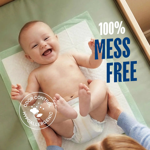 Smiling baby on a Super Absorbent Disposable Underpad, 17 By 24 Inch, ensuring mess-free changing sessions.