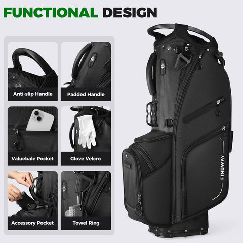 Lightweight 14 Way Golf Stand Bag With Dual Straps, Full Length Dividers, Multiple Pockets, Ball Holder, And Rain Cover featuring padded handle and anti-slip feature, black color, suitable for men and women on the course.