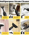Powerful 2500W Portable Handheld Steam Cleaner With Large Capacity Tank shown with various attachments for deep cleaning surfaces.