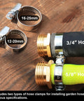 Garden Hose Repair Fittings With Clamps Pro Grade Heavy Duty Fits Three Quarter Inch Or Five Eighth Inch Brass Male Thread Hose Connector Water Hose Repair Replacement Coupling Kit Two Pack, showing two hoses with clamps and brass connectors on a wooden surface.