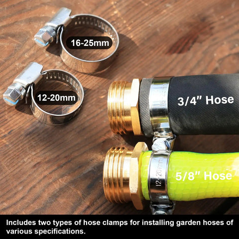 Garden Hose Repair Fittings With Clamps Pro Grade Heavy Duty Fits Three Quarter Inch Or Five Eighth Inch Brass Male Thread Hose Connector Water Hose Repair Replacement Coupling Kit Two Pack, showing two hoses with clamps and brass connectors on a wooden surface.