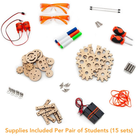 Catalyst Class Pack and Cabinet Hands On STEM Kit For Students Ages 8 To 12 Learn Electronics And Science With Screen Free Inventions And 10 Plus Projects Teacher Ready Curriculum For Grades 3 To 6 classroom kit parts laid out