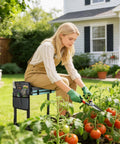 Woman gardening using a 330 Pound Heavy Duty Garden Kneeler And Seat With Foldable Frame, extendable legs, tool pouch visible