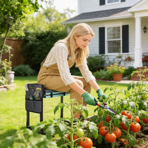 Woman gardening using a 330 Pound Heavy Duty Garden Kneeler And Seat With Foldable Frame, extendable legs, tool pouch visible
