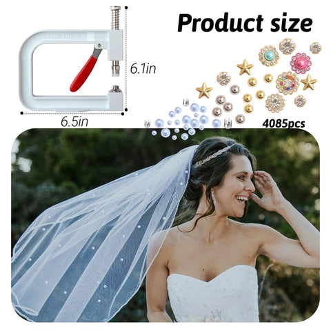 All In One Pearl Setting Kit With 4085 Beads And Nails For DIY, showing the hand press tool and decorative pearls on a veil.