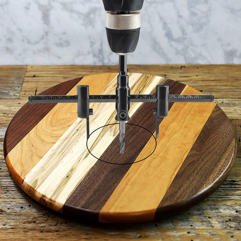 Adjustable Circle Hole Cutter for Wood and Drywall from One and Three Sixteenth Inch to Twelve Inch with One Eighth to Two Inch Cutting Depth and Three Eighth Inch Shank Includes Drill Bit and Hex Wrench for Plaster Plastic Plywood Pro Grade Aracombie in use on wooden surface