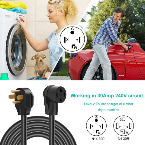 Image of 50 Foot 30 Amp N14-30P To N14-30R Dryer And EV Charging Extension Cord, 4 Prong STW 10 Gauge, 125V/250V Heavy Duty Cable