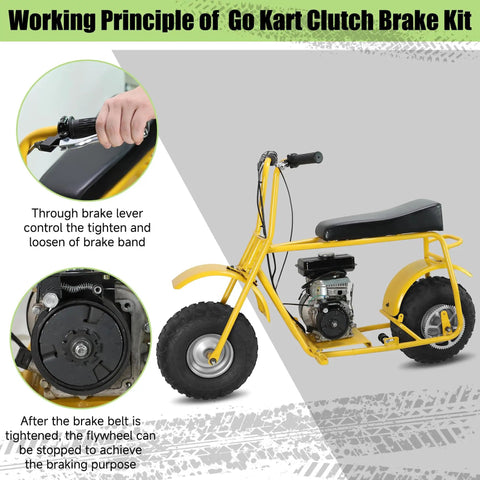 4 Inch Mini Bike Centrifugal Clutch Brake Band Kit Fits Predator 212cc Tillotson GX140 GX160 GX200 Coleman CT200U CT200U EX BT200X Baja Warrior Trailmaster MB165 MB200 Go Kart Parts For Safer Stopping And Smooth Braking System shown on yellow mini bike