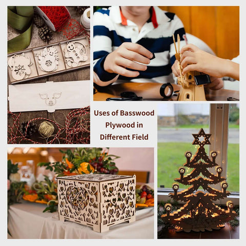 Basswood plywood sheets, 12x12x1/8 in (3mm), 24-pack; collage of laser-cut ornaments, windmill model, box, Christmas tree