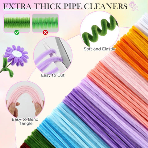 Extra thick pipe cleaners from Massive 540 Piece Pipe Cleaners Craft Kit With 15 Designs Guiding Book For DIY Flower Bouquets And Party Decor Totally Dope Multicolor 12In Long 7Mm Wide Includes Chenille Stems Floral Wires And Stamen, showing softness and elasticity