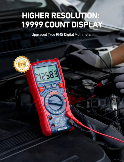 Digital Multimeter TRMS 20000 Counts With Auto Ranging measuring voltage in car engine bay