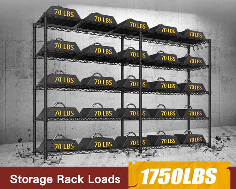 72 Inch Wide Wire Shelving Rack, Heavy Duty 1750 Lbs Capacity, 16 Inch Deep, 76 Inch High, L Shaped Storage Shelves For Garage, Warehouse, Pantry, Basement Organization shown loaded with 70 lb bins