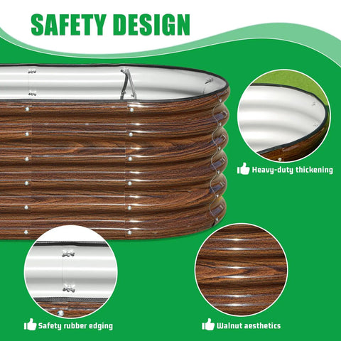 Close-up of Three Piece Open Base Galvanized Metal Raised Garden Bed Kit For Veggies And Fruits Oval Planter Box With Safety Rubber Edging Outdoor Backyard Garden Bed For Planting 46 Inch Long By 24 Inch Wide By 17 Inch Tall, showing safety design and walnut finish.