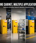 Rock Solid Shop Ready 60 Gallon Steel Flammable Liquid Safety Cabinet With Spill Sump adjustable shelves in auto garage and lab settings.