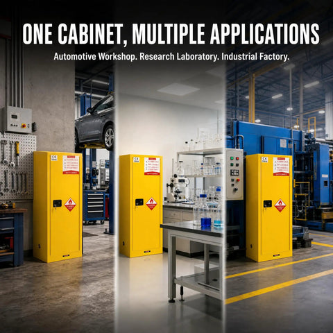Rock Solid Shop Ready 60 Gallon Steel Flammable Liquid Safety Cabinet With Spill Sump adjustable shelves in auto garage and lab settings.