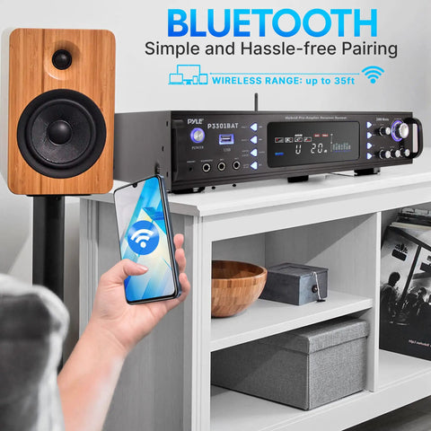 Beast Bluetooth Home Stereo Amplifier With 3000 Watts Max Power 1500 Watts RMS Multi Channel Receiver on shelf with speaker