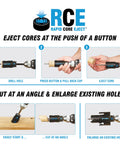 11-Piece Bi-Metal Hole Saw Kit with Rapid Core Eject Arbor System demonstrating core ejection process and cutting techniques.
