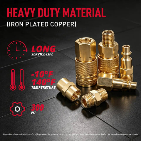 All In One 24 Piece One Quarter Inch NPT Quick Connect Air Hose Fittings Kit With Male And Female Couplers Plugs Hex Couplings Nipples And Thread Seal Tape For Home Garage And Professional Pneumatic Systems Up To 300 PSI brass quick-connect fittings
