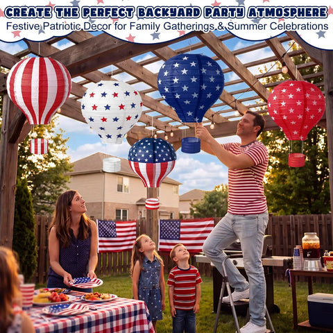 Five Pack 12 Inch Patriotic Hot Air Balloon Paper Lanterns For 4th Of July Indoor Outdoor Party Decor With Stars And Stripes Navy Star Field And Old Glory Designs hanging in backyard