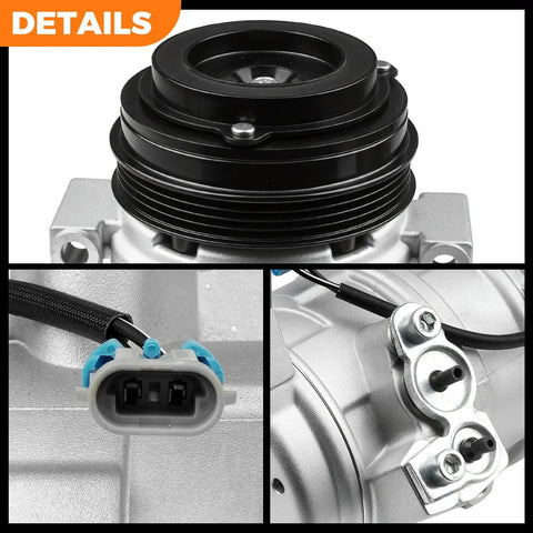 Heavy Duty Air Conditioner Compressor Compatible With 2000 To 2013 Chevy Silverado Tahoe Suburban And Gmc Yukon 5.3L 4.8L V8 Engine Straight Drop In Swap close-up view of compressor components and connector.