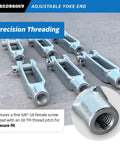 Beefy 5/8-18 Adjustable Yoke End With Galvanized Threaded Clevis, Pins Included, showcasing precision threading features.