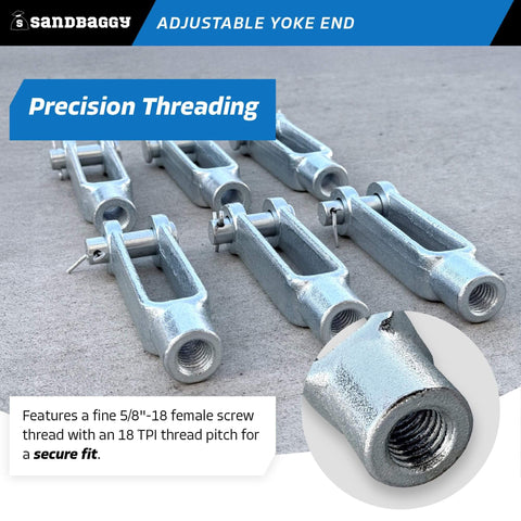 Beefy 5/8-18 Adjustable Yoke End With Galvanized Threaded Clevis, Pins Included, showcasing precision threading features.