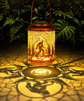 Boho Mosaic Solar Lanterns Outdoor Lights Blue waterproof lantern casting intricate shadows in garden setting