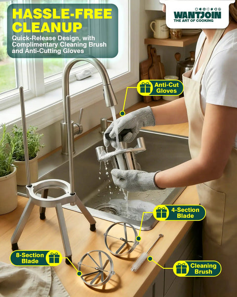 Person cleaning Commercial Lemon Wedger With Dual 4 And 8 Wedge Blades, 3 Second Fast Cut, V Shaped Stainless Steel Blade at a sink