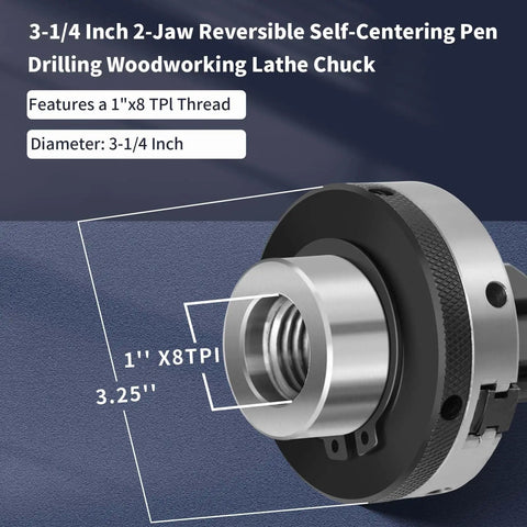 3-1/4 Inch Two Jaw Pen Drilling Lathe Chuck With Reversible Self Centering Jaws 1 Inch By 8 TPI dimension details