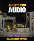 Collection of Jobsite Pro audio equipment including wireless earbuds with active noise canceling, displayed on a construction site.