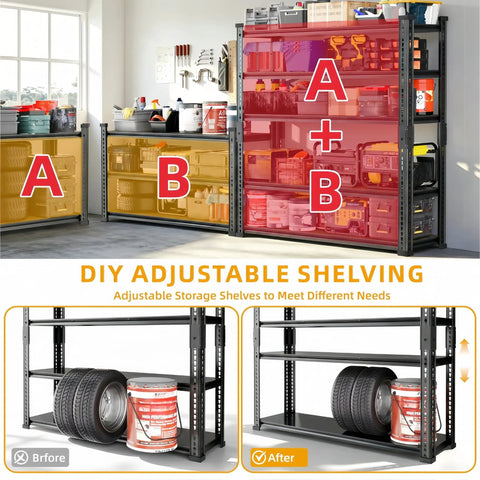 Beefy Five Tier Boltless Garage Shelving Unit With Extra Deep Shelves, 36 W By 16 D By 72 H Inches, Heavy Duty Steel Rack Supports Up To 570 Lbs Per Shelf 2850 Lbs Total, Perfect For Warehouse Basement Workshop Storage Black, adjustable black steel garage shelving
