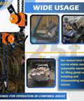 Chain Hoist Come Along One Quarter Ton With Ten Foot Lift 550 Lbs Capacity G80 Manganese Chain in use for various lifting tasks