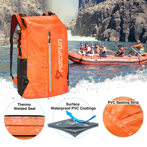 Floating Waterproof Dry Backpack With Waist Pouch And Phone Case 20L Orange with rafting in the background.