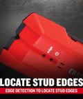 Close-up of red Three Quarters Inch Depth Stud Finder for Wood and Metal Studs, showing edge detection feature.
