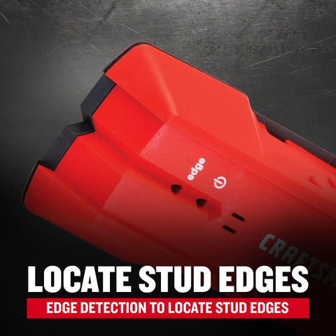 Close-up of red Three Quarters Inch Depth Stud Finder for Wood and Metal Studs, showing edge detection feature.